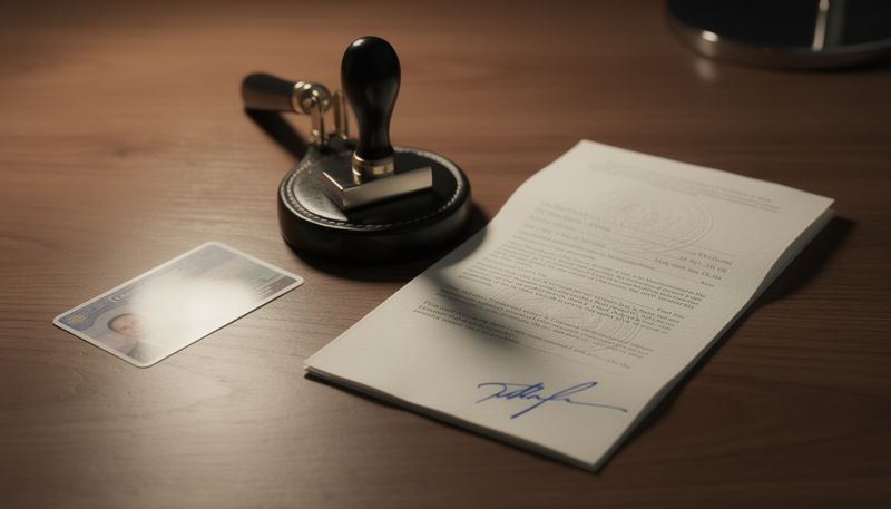 Notary desk with embossed document, blue signature, leather seal, and ID card under warm lighting