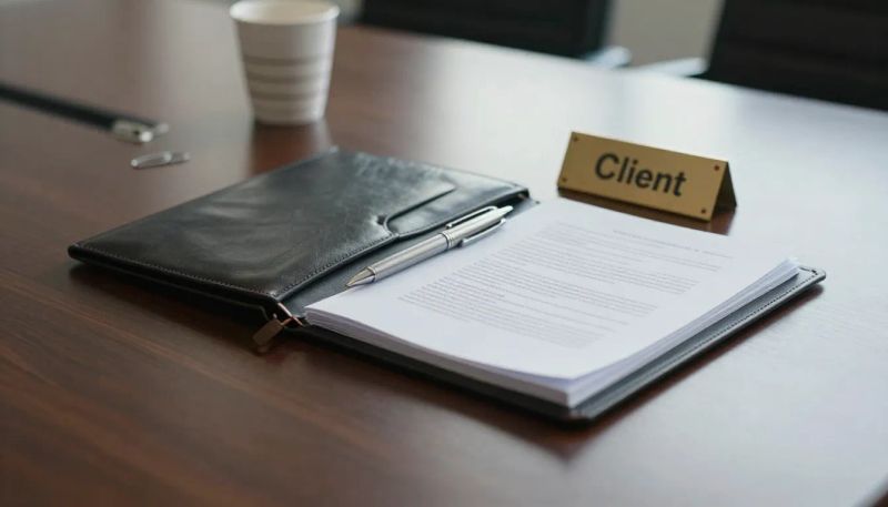Notary professional reviewing documents with a client at a desk